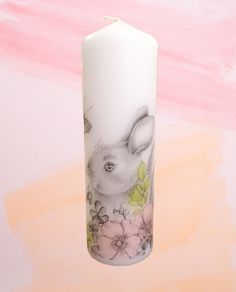 Easter spring grey bunny and pink flowers decorative pillar candle