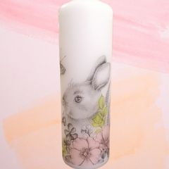 Easter spring grey bunny and pink flowers decorative pillar candle