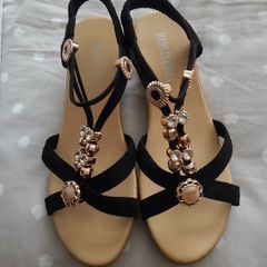 ladies black and gold sandals