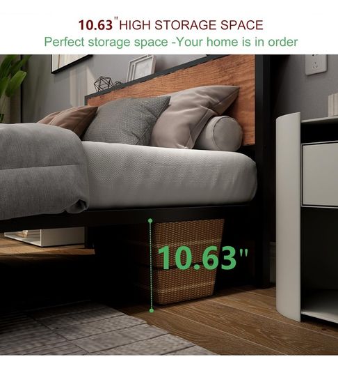 King Size Bed Frame with Storage Wooden Headboard