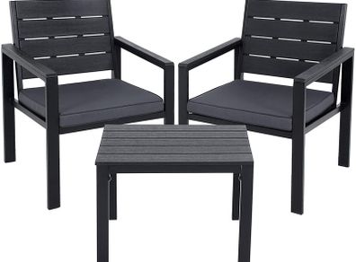 _Set of 3 Garden Furniture 2 Chairs 1 Garden Table 2 Removable Cushions for Patio Garden Balcony Iron