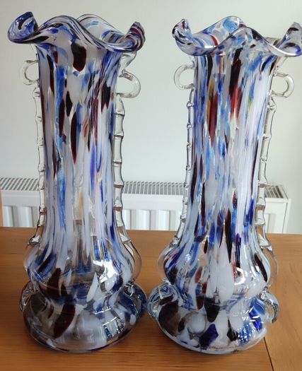 Set 2 Vintage Murano Tall Blue Carnival Confetti Vase With Ruffled Top, Hand Blown Blue Speckled Glass Vessel, Mid Century Italian Vase