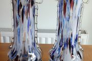 Set 2 Vintage Murano Tall Blue Carnival Confetti Vase With Ruffled Top, Hand Blown Blue Speckled Glass Vessel, Mid Century Italian Vase