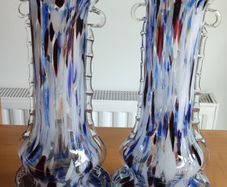 Set 2 Vintage Murano Tall Blue Carnival Confetti Vase With Ruffled Top, Hand Blown Blue Speckled Glass Vessel, Mid Century Italian Vase