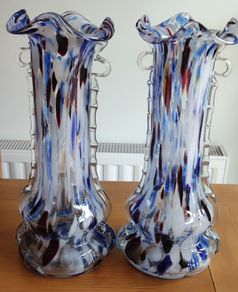 Set 2 Vintage Murano Tall Blue Carnival Confetti Vase With Ruffled Top, Hand Blown Blue Speckled Glass Vessel, Mid Century Italian Vase