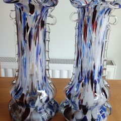 Set 2 Vintage Murano Tall Blue Carnival Confetti Vase With Ruffled Top, Hand Blown Blue Speckled Glass Vessel, Mid Century Italian Vase