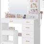 Dressing Table with 3-Colour LED Adjustable Brightness, Vanity Table with Plug and Large Mirror, Stool and Hairdryer Holder, Muti-Drawer Dressing Table, 6 Open Storage Areas Image 8
