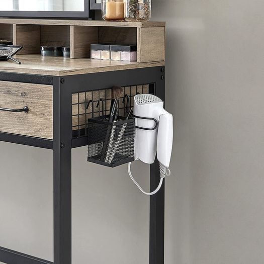 _Dressing table, dressing table with 3-part folding mirror, hairdryer holder, cosmetic table with upholstered stool, 3 drawers, industrial design, greige black