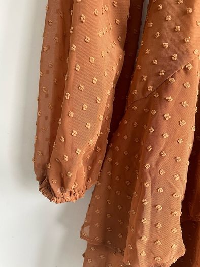 Boohoo Ruffle hem caramel colour chiffon mini dress size 12