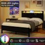 4ft6 Double Bed Frame with Storage Headboard&LED Lights,Black Metal Platform Bed Frame with Charging Station,Mattress Foundation,Metal Slat Support,No Box Spring Needed,Under-bed Storage Image 3
