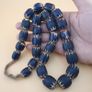 Antique Venetian Style Chevron Big Blue Glass Beads Strand Image 5