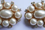 Vintage Large Oval Clip-On Earrings with Faux Pearls &amp; Cut Crystal