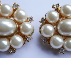 Vintage Large Oval Clip-On Earrings with Faux Pearls & Cut Crystal