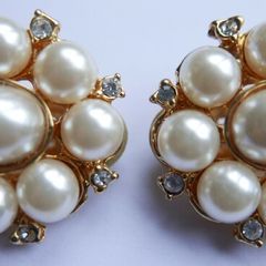 Vintage Large Oval Clip-On Earrings with Faux Pearls & Cut Crystal