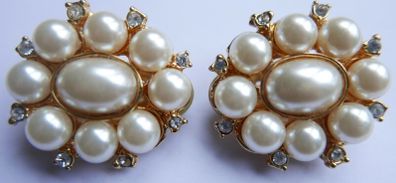 Vintage Large Oval Clip-On Earrings with Faux Pearls & Cut Crystal
