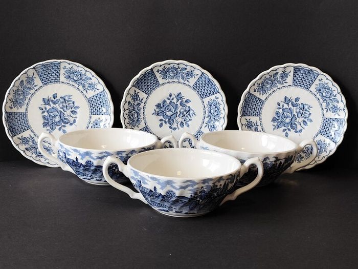 A Set of Six Myott Staffordshire Ironstone Royal Mail Soup Bowls and Melody Saucers