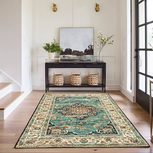 Washable Rugs Small Non Slip Area Rugs for Bedroom Vintage Boho Rug Soft Short Pile Rug Machine Washable Rugs Living Room Indoor Entry Floor Rug Non Shedding Dense 60x110CM Rugs Blue