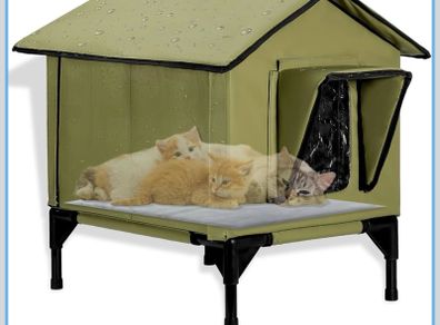 Outdoor Cat House, Waterproof Insulated Cat Kennel with Elevated Base, Large Winter House for Indoor Outdoor Cats and Small Dogs, Feral Cat Shelter for Multiple Cats