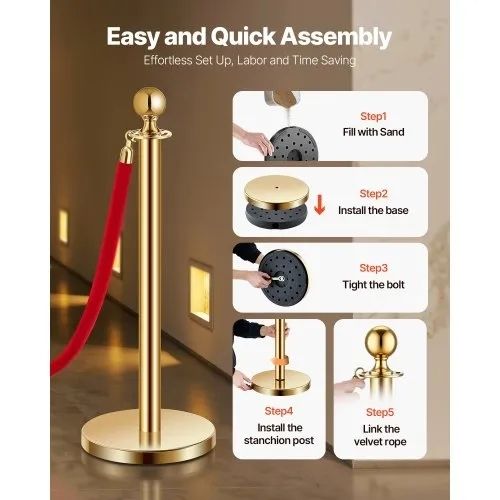 Stanchion Post, 8 Pcs Crowd Control Barrier Set with 6 Red Velvet Ropes, 5 ft Stainless Steel Gold Stanchion Post Queue with Sand Injection Hollow Base for Theater, Party, Wedding, Exhibition