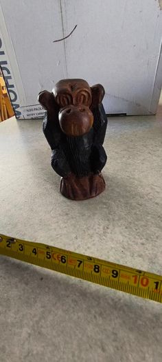1970s Vtg. 5.5 inches Carved Wood Monkey Primitive Folk Art - Hear No Evil/MOP Eyes