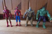 Hulk, Thanos, spiderman and iron man figures