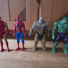 Hulk, Thanos, spiderman and iron man figures