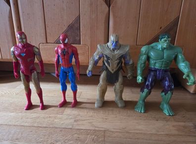 Hulk, Thanos, spiderman and iron man figures