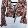 White Fox Boutique XS Brown Leopard Print Ruffle Tie Front Mesh Crop Top Flare Sleeve. Image 3