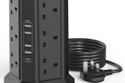 Tower Extension Lead with USB Slots 1.8M and 18W USB C Fast Charger, (13A 3250W) 5 USB Ports and 12 Way Extension Tower, Surge Protection Extension Lead with Switch, Extension Cable for Home, Office