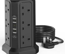 Tower Extension Lead with USB Slots 1.8M and 18W USB C Fast Charger, (13A 3250W) 5 USB Ports and 12 Way Extension Tower, Surge Protection Extension Lead with Switch, Extension Cable for Home, Office