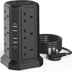 Tower Extension Lead with USB Slots 1.8M and 18W USB C Fast Charger, (13A 3250W) 5 USB Ports and 12 Way Extension Tower, Surge Protection Extension Lead with Switch, Extension Cable for Home, Office