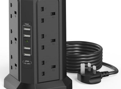 Tower Extension Lead with USB Slots 1.8M and 18W USB C Fast Charger, (13A 3250W) 5 USB Ports and 12 Way Extension Tower, Surge Protection Extension Lead with Switch, Extension Cable for Home, Office