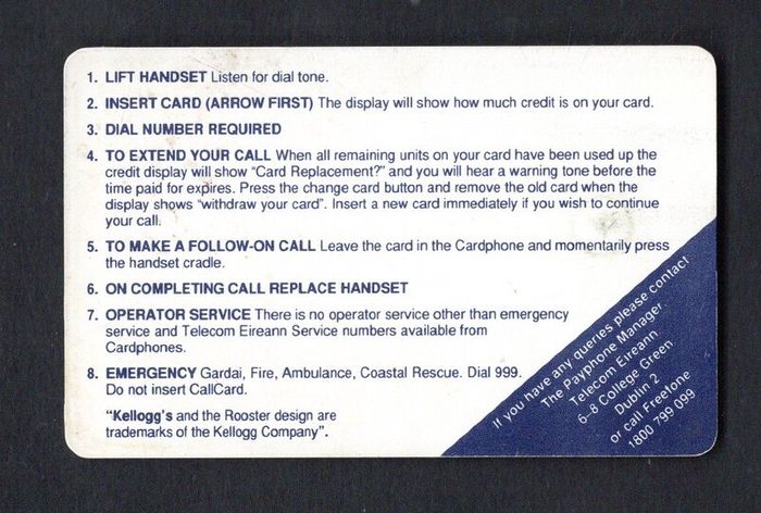 1991 Ireland 5 unit Kellogg's cereals the very first advertising Callcard Telecom Eireann (Gemplus GEM1) Call Card Used. Telecom Eireann card number 1036