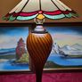 30.5 Inch Tall Large Art Deco Tiffany Style Table Lamp With Metal And Black Striped Amber Glass Stand  With Stained Glass Shade Image 2
