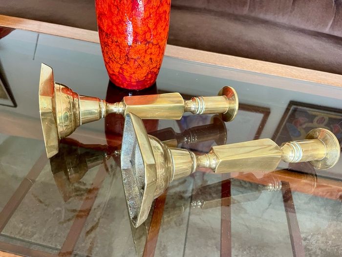 Pair Gun Barrel Deco Era Brass Candlesticks Early 20th Century