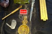 Box Lot, Antique Brass souvenir tea caddy spoon features a bust of Scottish poet Robert Burns and an embossed scene of his cottage in Alloway, Guinness penknife, Corgi Van, 1948 Brass Glass Cutter, Metal Letter opener, vintage Unique brand slide rule made