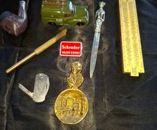 Box Lot, Antique Brass souvenir tea caddy spoon features a bust of Scottish poet Robert Burns and an embossed scene of his cottage in Alloway, Guinness penknife, Corgi Van, 1948 Brass Glass Cutter, Metal Letter opener, vintage Unique brand slide rule made
