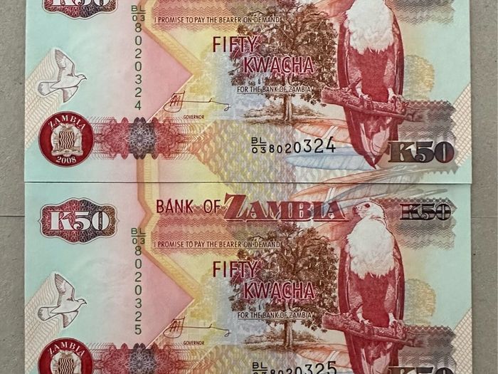 Zambia 2x50 Kwacha 2008 Unc Consecutive Banknotes