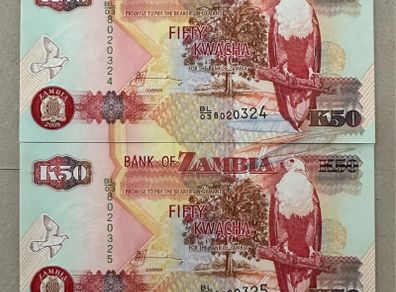 Zambia 2x50 Kwacha 2008 Unc Consecutive Banknotes