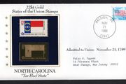 1988 USA North Carolina "Tar Heel State" 22kt Gold Replica of the 1976 United States Flag Stamps showing 25c US flag definitive tied Raleigh, North Carolina (state capital) illustrated cover