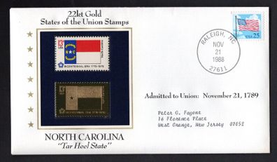 1988 USA North Carolina "Tar Heel State" 22kt Gold Replica of the 1976 United States Flag Stamps showing 25c US flag definitive tied Raleigh, North Carolina (state capital) illustrated cover