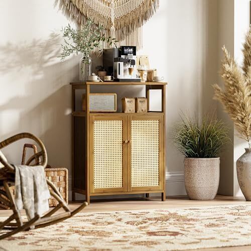 Rattan Bathroom Floor Cabinet, Bamboo Storage Cupboard with 2 Doors, Freestanding Living Room Sideboard, Space Saving Entryway Storage Unit, Walnut