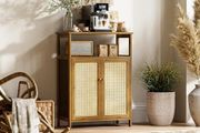 Rattan Bathroom Floor Cabinet, Bamboo Storage Cupboard with 2 Doors, Freestanding Living Room Sideboard, Space Saving Entryway Storage Unit, Walnut