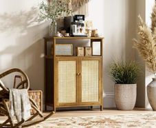 Rattan Bathroom Floor Cabinet, Bamboo Storage Cupboard with 2 Doors, Freestanding Living Room Sideboard, Space Saving Entryway Storage Unit, Walnut