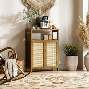 Rattan Bathroom Floor Cabinet, Bamboo Storage Cupboard with 2 Doors, Freestanding Living Room Sideboard, Space Saving Entryway Storage Unit, Walnut