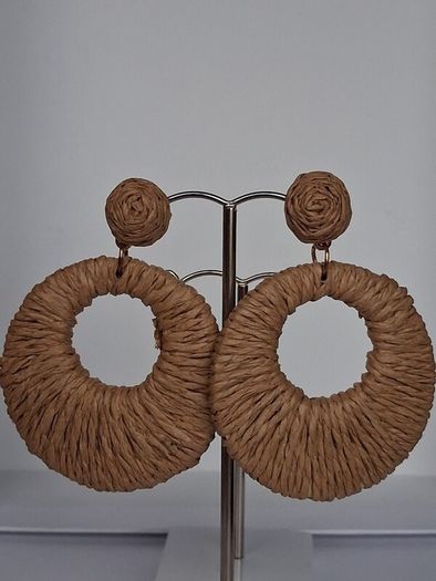 Coffee Beige Raffia Woven Stud Hollow Out Woven Hoop Earrings