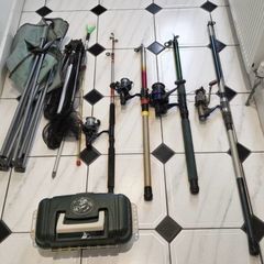 Fishing rods(set of 4), chair & box