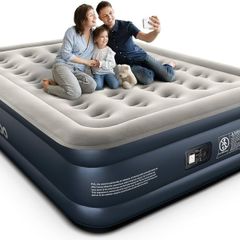 King Air Bed, Inflatable Mattress with Built-in Electric Pump, Double Queen Size 3 Mins Quick Self-Inflation/Deflation Blow Up Bed, Guest Air Mattress for Home Camping Travel 203x152x46cm