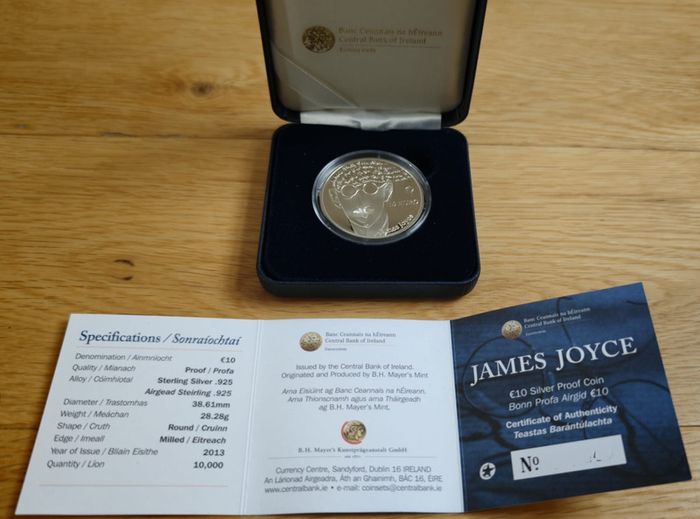 MINT ERROR - Central Bank of Ireland 10 Euro Silver Proof 2013. Mint Error. Unc. James Joyce.