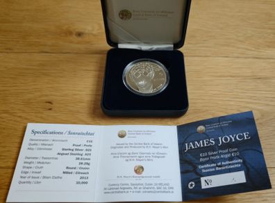 MINT ERROR - Central Bank of Ireland 10 Euro Silver Proof 2013. Mint Error. Unc. James Joyce.